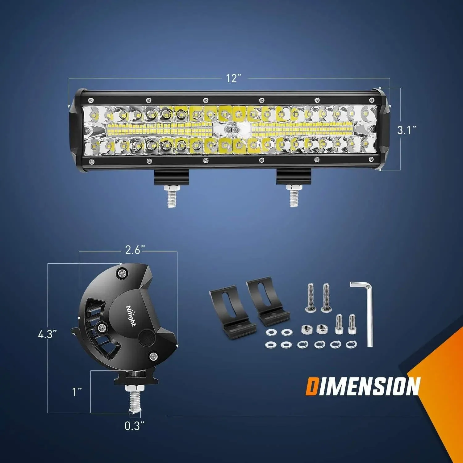 12 Inch 300W Triple Row Spot/Flood Led Light Bar Kit | 4 Inch 60W Led Pods (Pair)