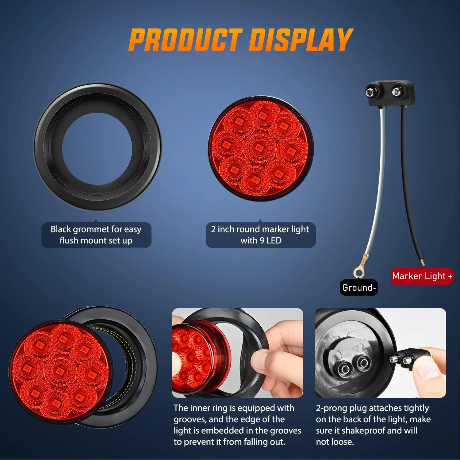 2 Inch Red 9 Leds Round Side Marker Light (Pair)