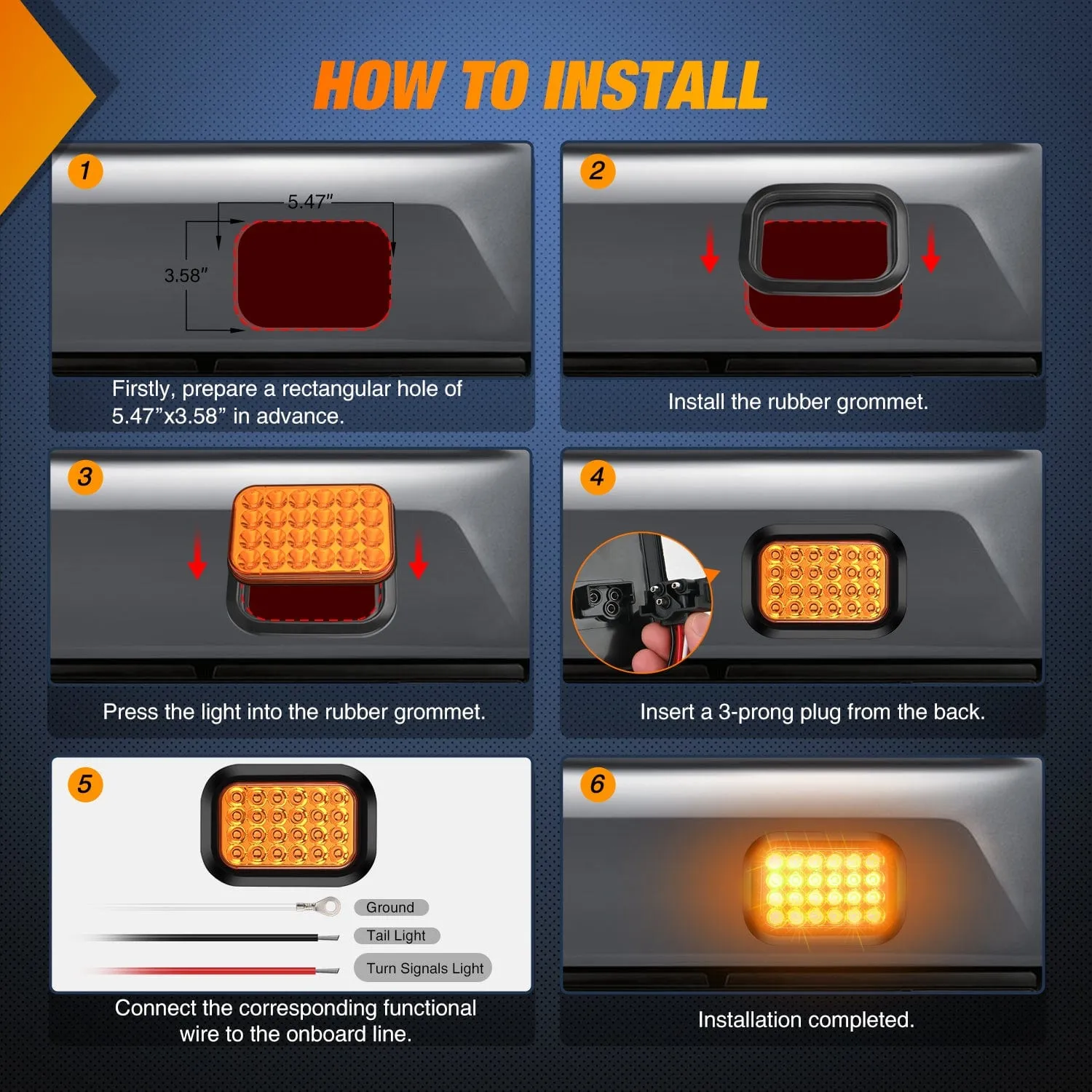 2 Pcs 5 X 3 Inch 24 Led Amber Rectangular Trailer Tail Light