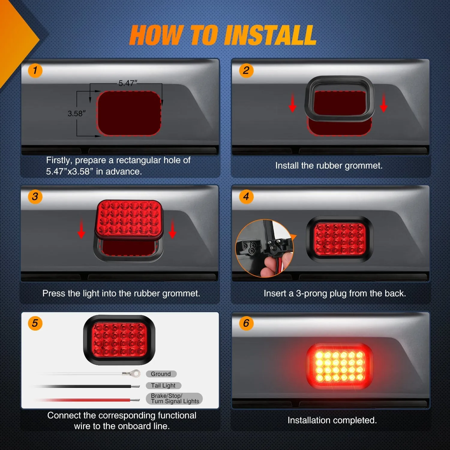 2 Pcs 5 X 3 Inch 24 Led Red Rectangular Trailer Tail Light