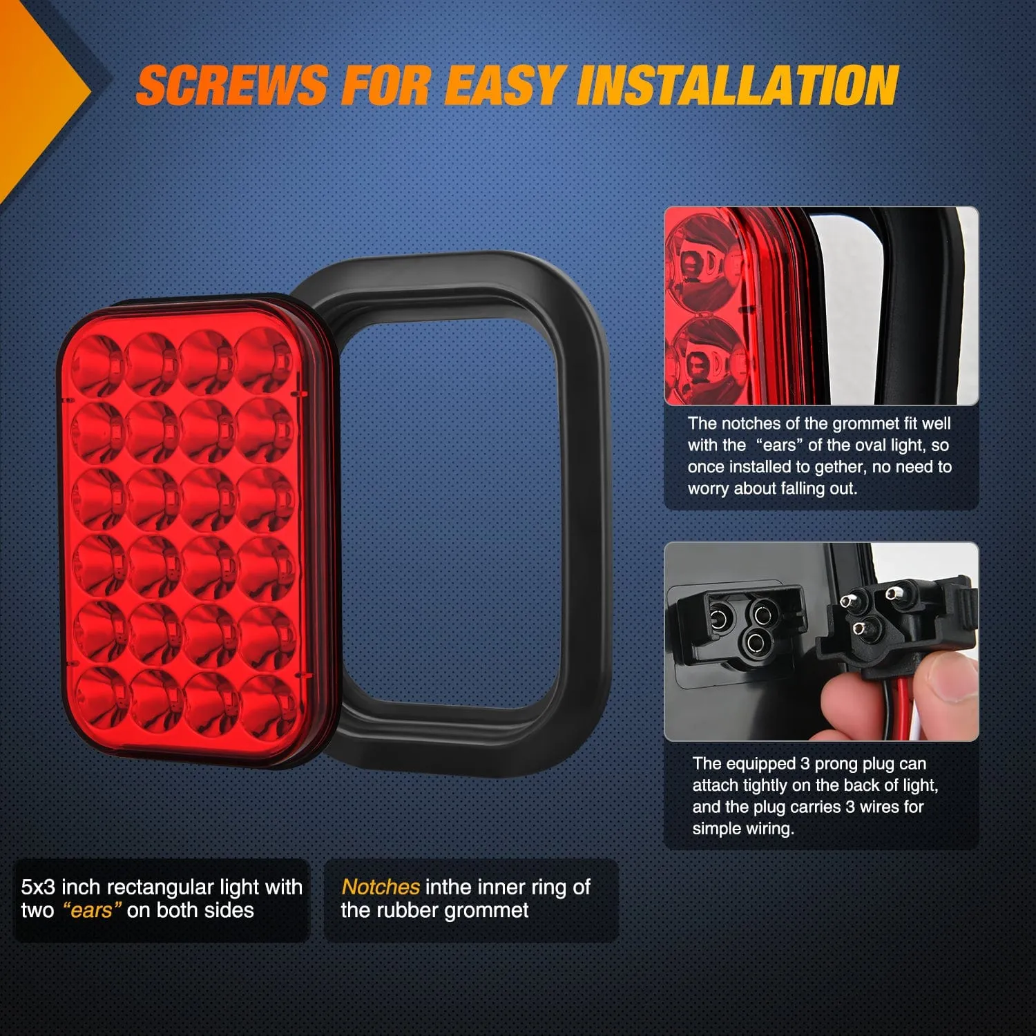 2 Pcs 5 X 3 Inch 24 Led Red Rectangular Trailer Tail Light
