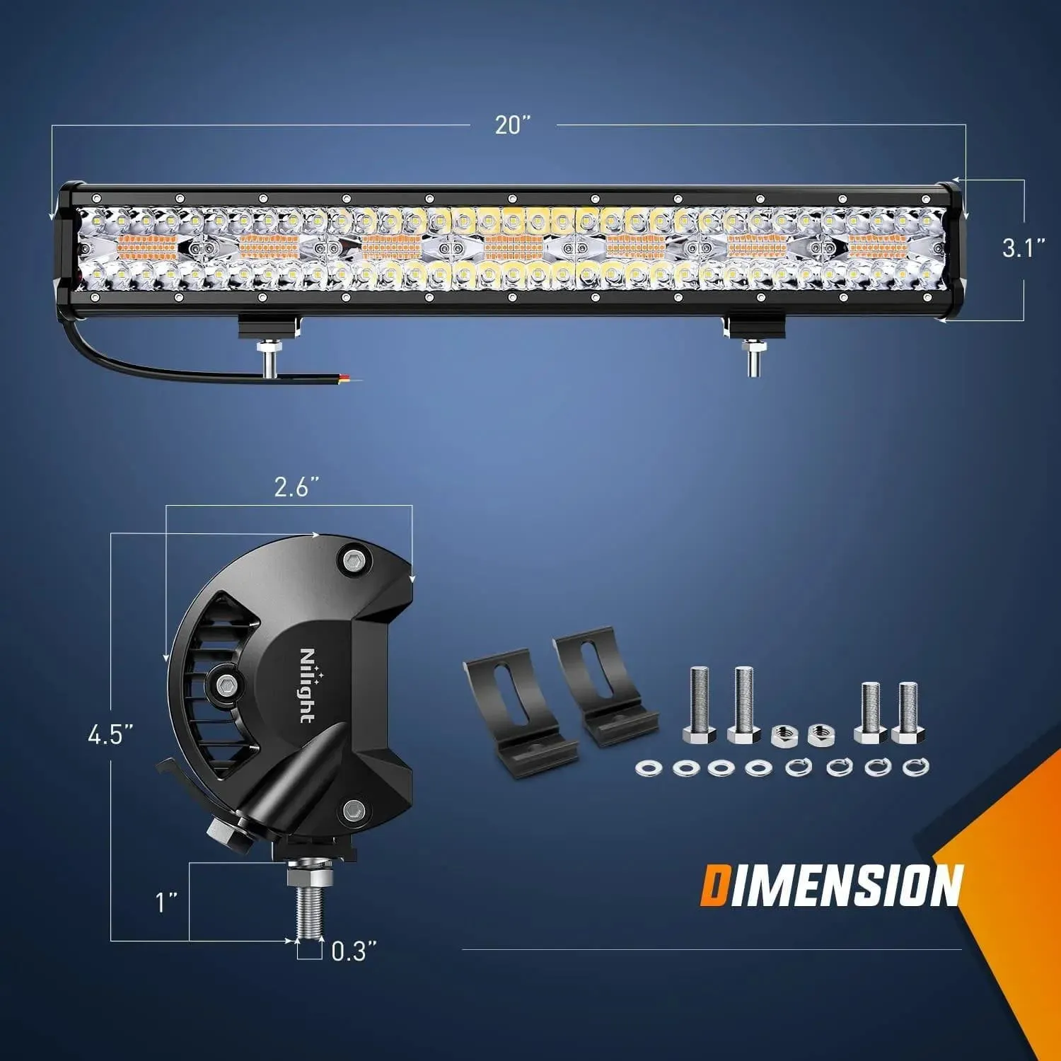 20 Inch 420W Triple Row Amber White Strobe Spot Flood LED Light Bar | 16AWG Wire