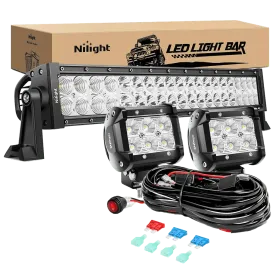 22 Inch 120W Double Row Spot Flood LED Light Bar | 2Pcs 4 Inch 18W Flood LED Pods | 16AWG Wire 3Pin Switch