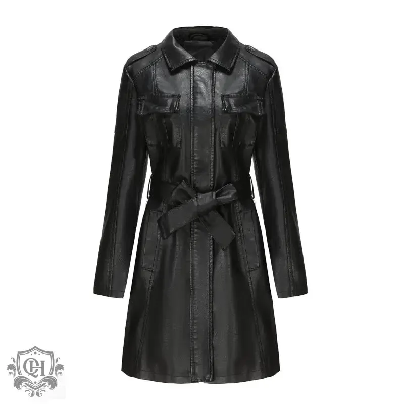 Belted Mid-Length Leather Coat