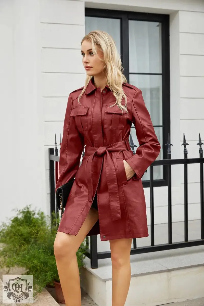 Belted Mid-Length Leather Coat