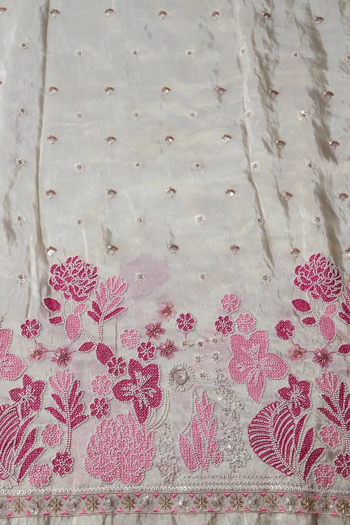 Big Width 56 White Beads With Sequins Floral Embroidery On Dyeable Viscose Zari Tissue Fabric With Border