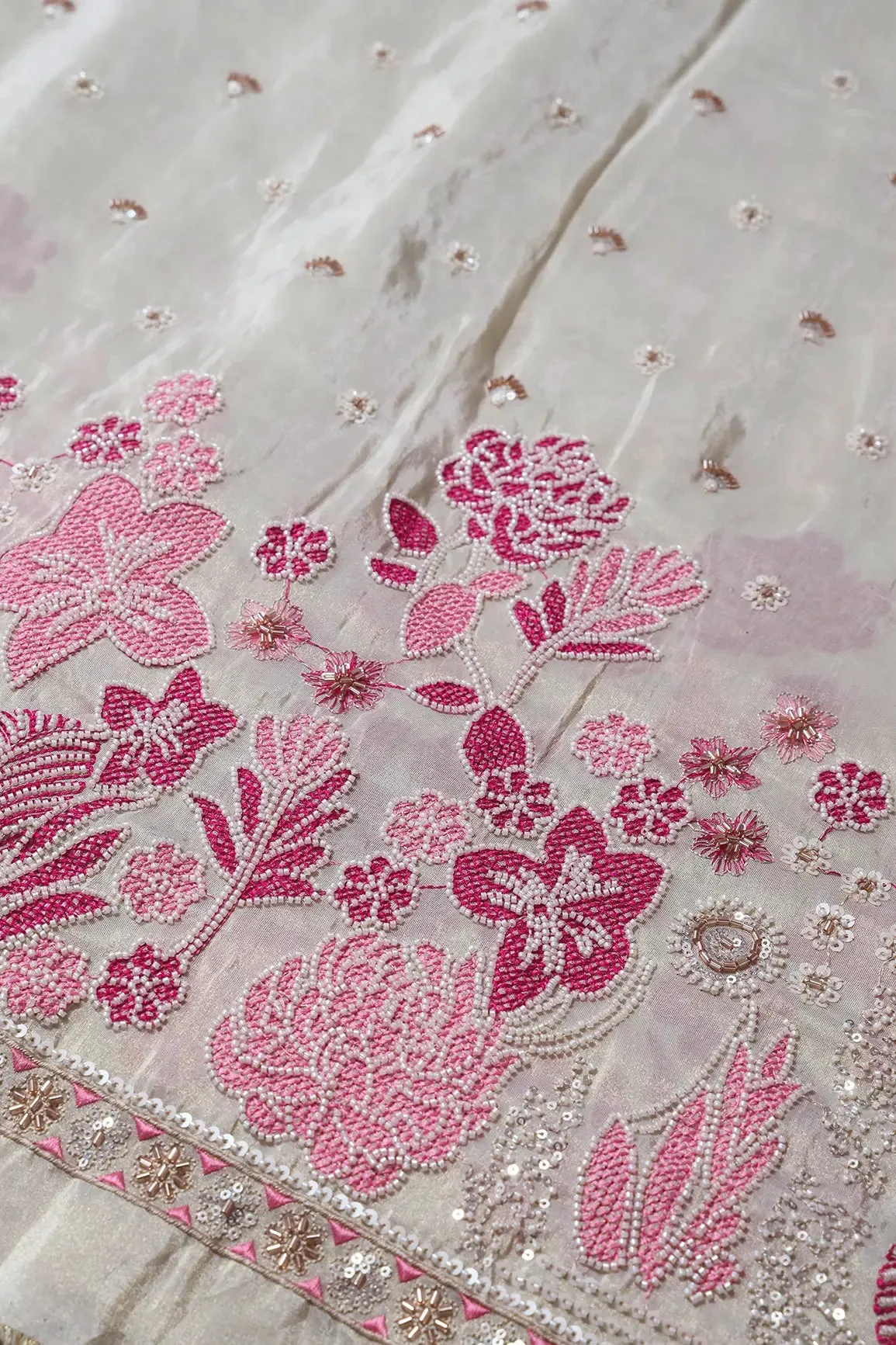 Big Width 56 White Beads With Sequins Floral Embroidery On Dyeable Viscose Zari Tissue Fabric With Border