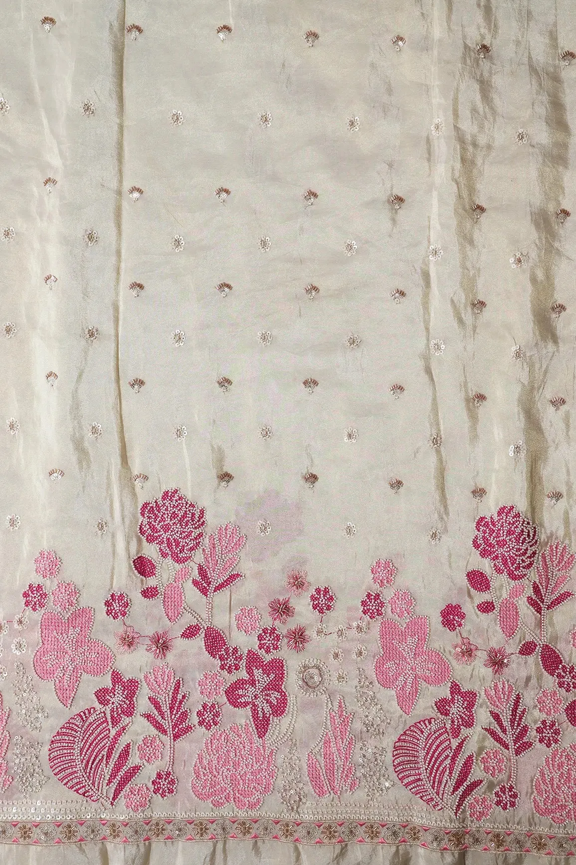 Big Width 56 White Beads With Sequins Floral Embroidery On Dyeable Viscose Zari Tissue Fabric With Border