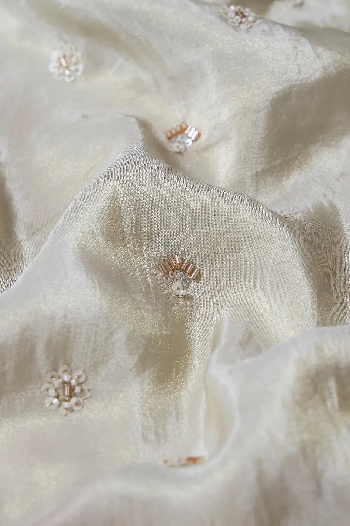 Big Width 56 White Beads With Sequins Floral Embroidery On Dyeable Viscose Zari Tissue Fabric With Border