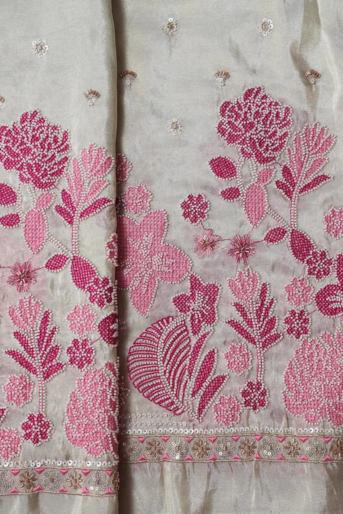Big Width 56 White Beads With Sequins Floral Embroidery On Dyeable Viscose Zari Tissue Fabric With Border