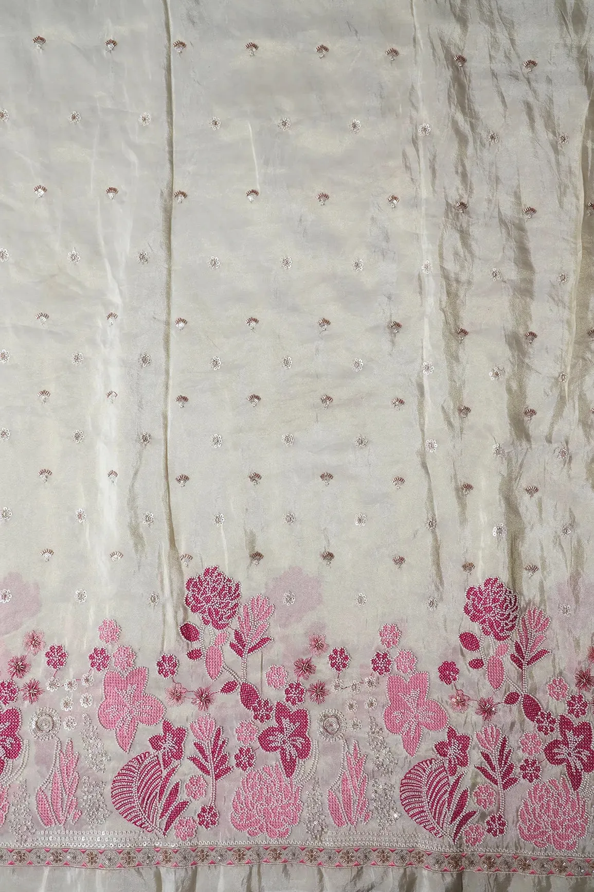 Big Width 56 White Beads With Sequins Floral Embroidery On Dyeable Viscose Zari Tissue Fabric With Border