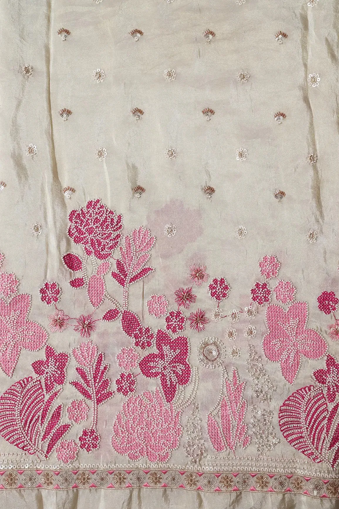 Big Width 56 White Beads With Sequins Floral Embroidery On Dyeable Viscose Zari Tissue Fabric With Border