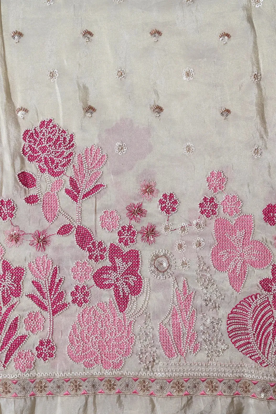 Big Width 56 White Beads With Sequins Floral Embroidery On Dyeable Viscose Zari Tissue Fabric With Border