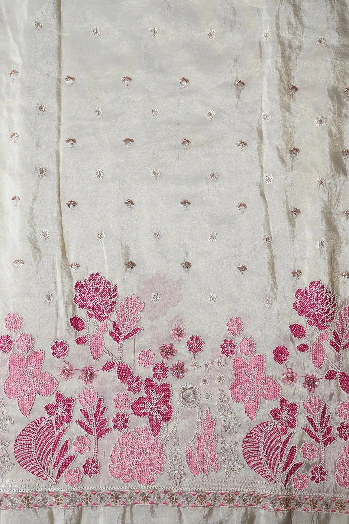 Big Width 56 White Beads With Sequins Floral Embroidery On Dyeable Viscose Zari Tissue Fabric With Border