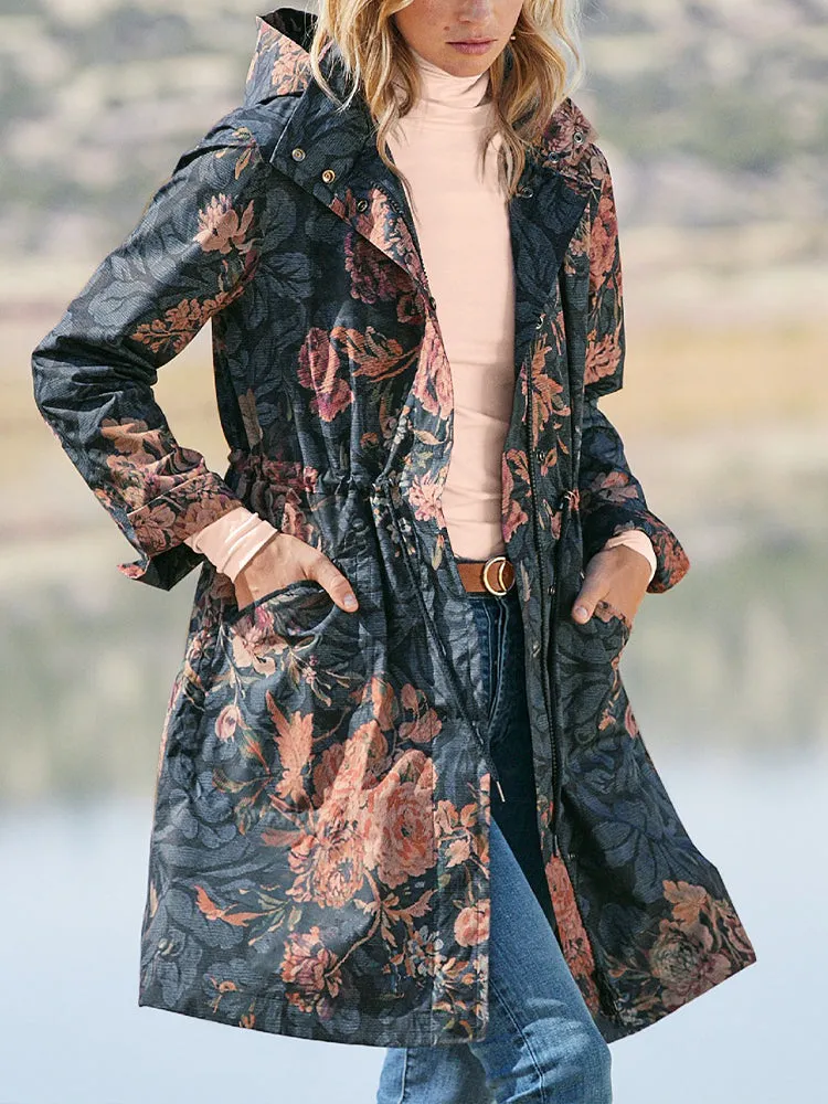 Black Floral Print Belted Hooded Trench Coat