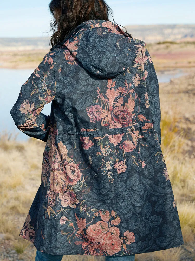 Black Floral Print Belted Hooded Trench Coat