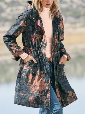 Black Floral Print Belted Hooded Trench Coat