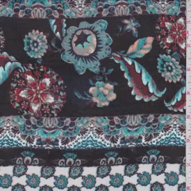 Black/Teal Floral Stripe Georgette Fabric
