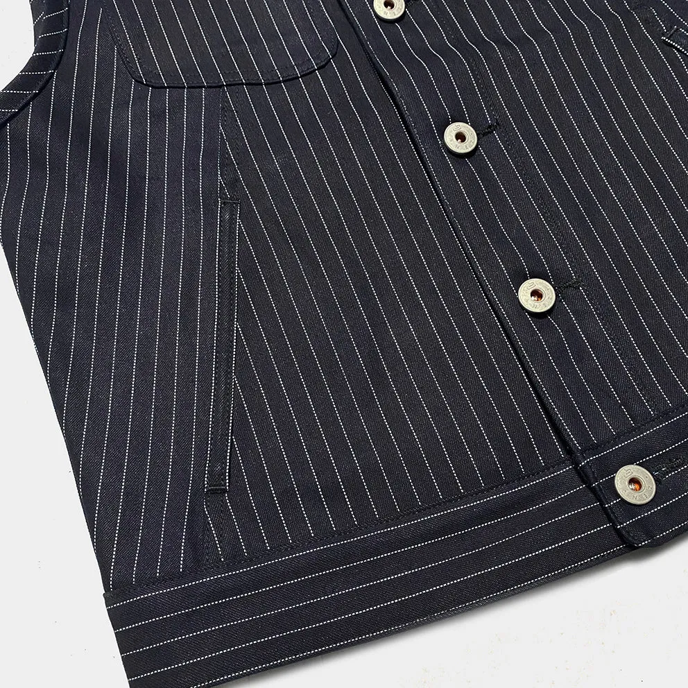 BZEN M.3018 SANTOS STR REGULAR FIT 4 POCKET BIKERS VEST INDIGO STRIPE SELVEDGE DENIM-13.8OZ-HRH INDIGO