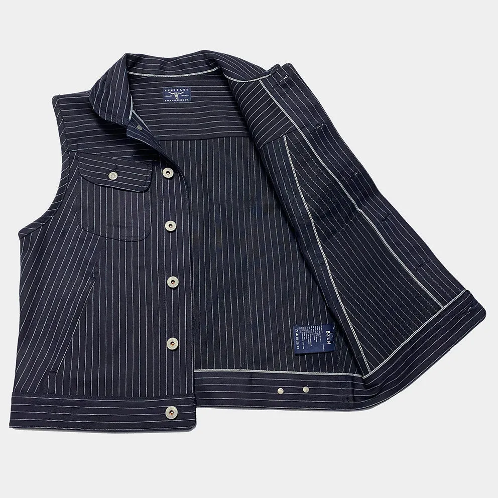 BZEN M.3018 SANTOS STR REGULAR FIT 4 POCKET BIKERS VEST INDIGO STRIPE SELVEDGE DENIM-13.8OZ-HRH INDIGO