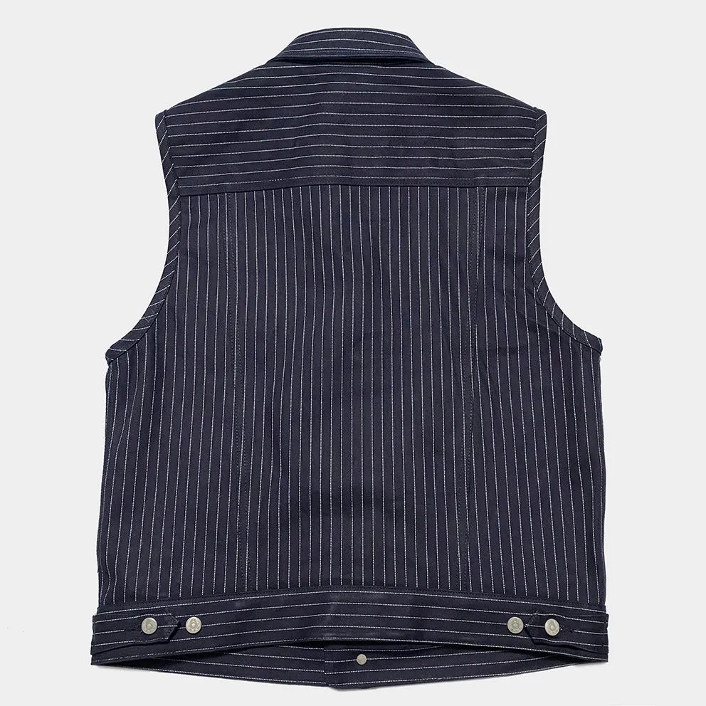 BZEN M.3018 SANTOS STR REGULAR FIT 4 POCKET BIKERS VEST INDIGO STRIPE SELVEDGE DENIM-13.8OZ-HRH INDIGO
