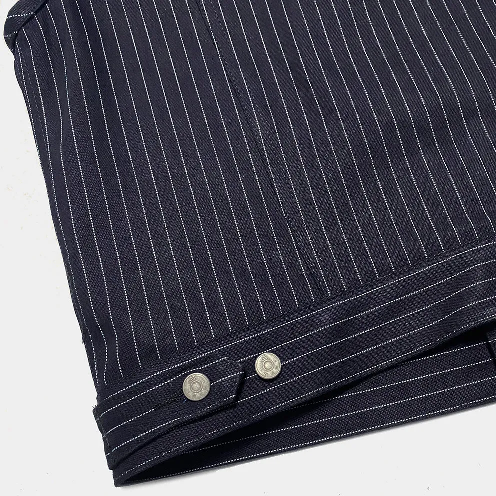 BZEN M.3018 SANTOS STR REGULAR FIT 4 POCKET BIKERS VEST INDIGO STRIPE SELVEDGE DENIM-13.8OZ-HRH INDIGO