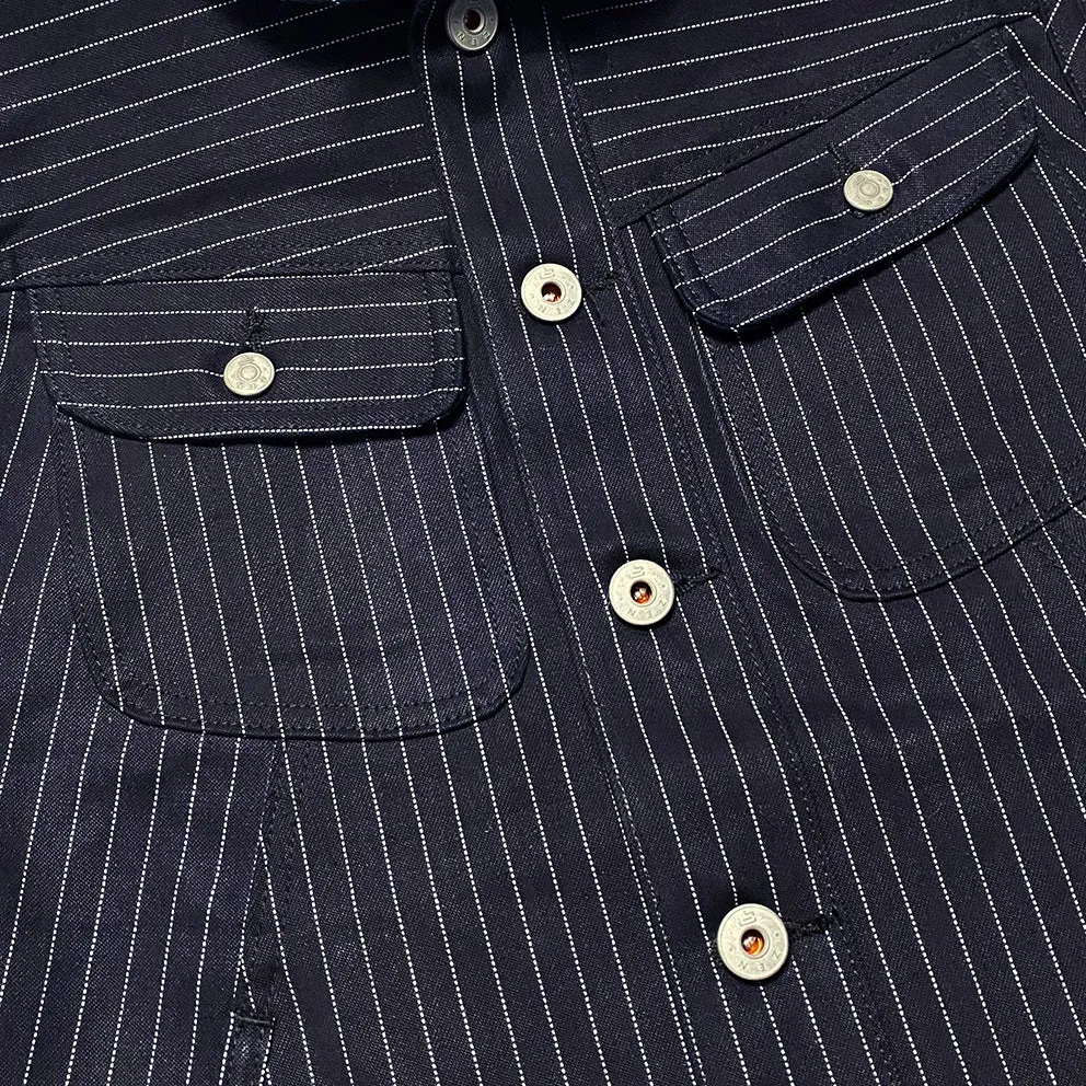 BZEN M.3018 SANTOS STR REGULAR FIT 4 POCKET BIKERS VEST INDIGO STRIPE SELVEDGE DENIM-13.8OZ-HRH INDIGO