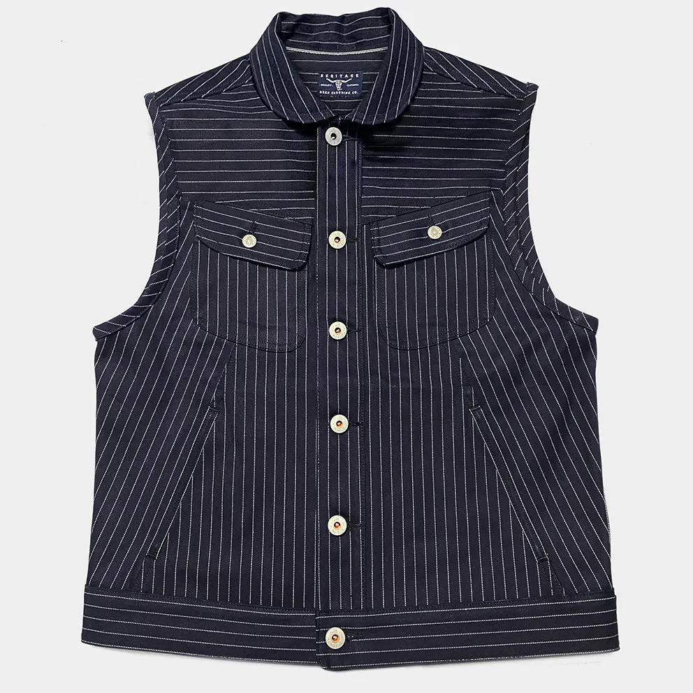 BZEN M.3018 SANTOS STR REGULAR FIT 4 POCKET BIKERS VEST INDIGO STRIPE SELVEDGE DENIM-13.8OZ-HRH INDIGO