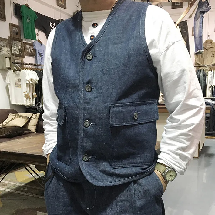 BZEN M.3032-THE BLOKE REGULAR FIT VEST-13.5oz SELVEDGE- E0 RINSE 70'S BLUE INDIGO