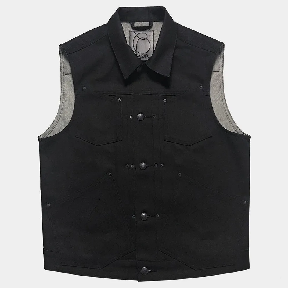 BZEN M.3127-THE CUT REGULAR FIT 4 POCKET BIKER'S VEST-12oz-RAW BLACK ON BLUE