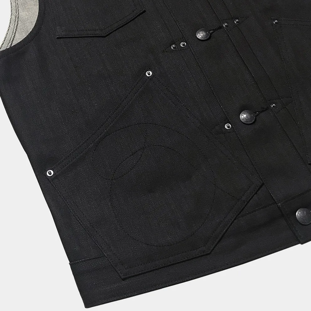 BZEN M.3127-THE CUT REGULAR FIT 4 POCKET BIKER'S VEST-12oz-RAW BLACK ON BLUE