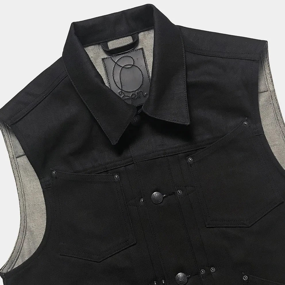 BZEN M.3127-THE CUT REGULAR FIT 4 POCKET BIKER'S VEST-12oz-RAW BLACK ON BLUE