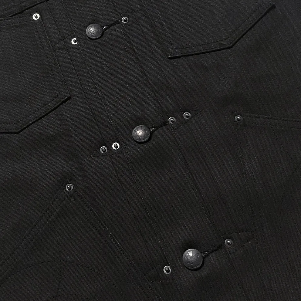 BZEN M.3127-THE CUT REGULAR FIT 4 POCKET BIKER'S VEST-12oz-RAW BLACK ON BLUE