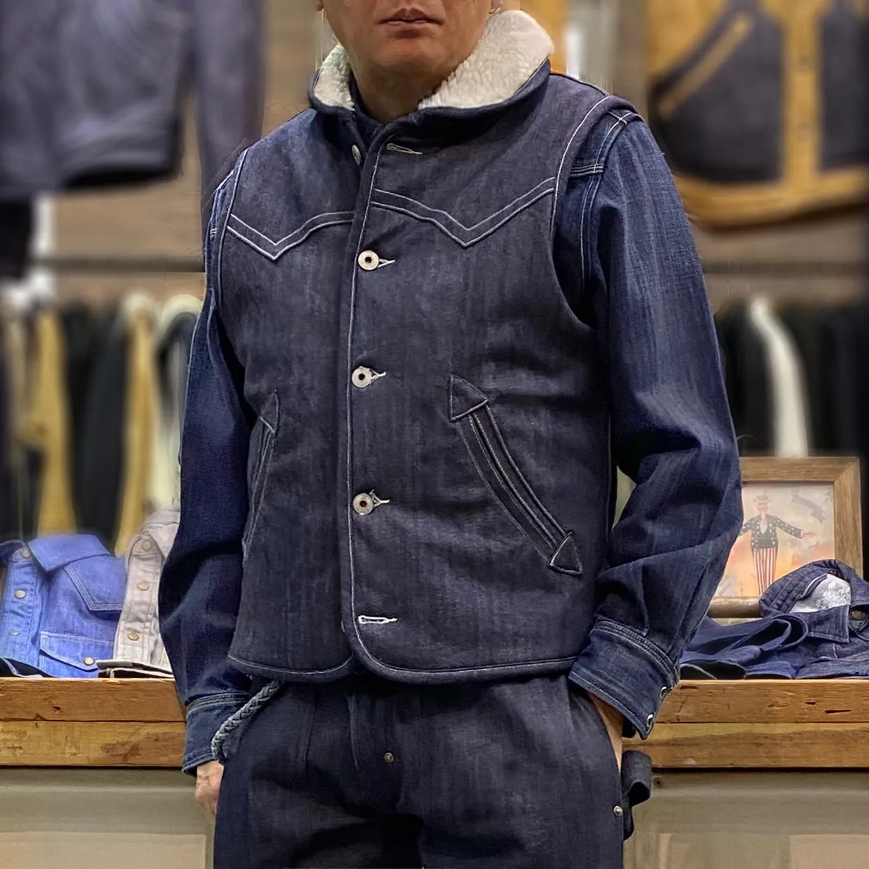 BZEN M.3203RR IDAHO-R18 REGULAR FIT COMFORT STRETCH INDIGO DENIM 2 POCKET SHERPA LINED VEST-12OZ-HRH INDIGO