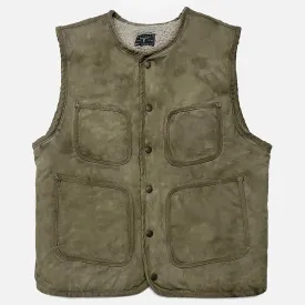 BZEN M.3203RR SILAS-MGC REGULAR FIT 4 POCKET ROUND NECK VEGGIE DYED CANVAS VEST WITH SHERPA LINING-12.5OZ-E0 MOSS GREEN