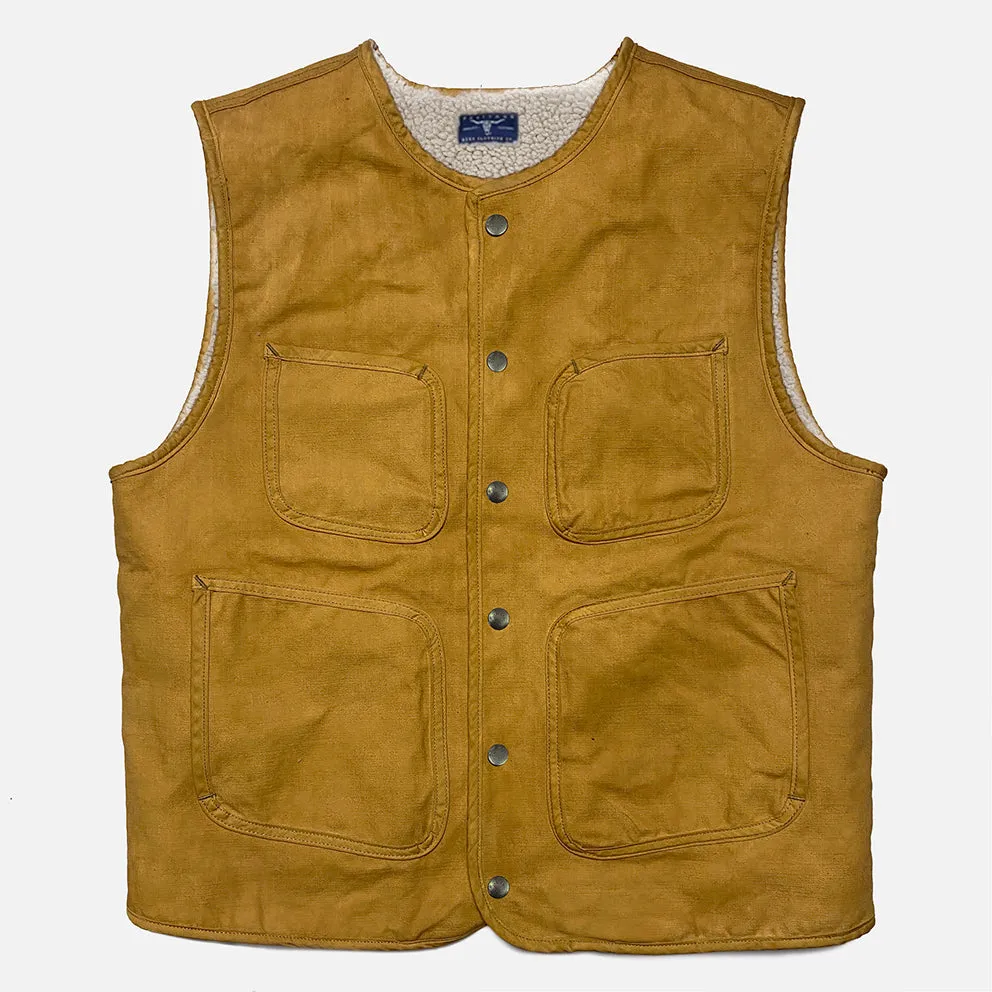 BZEN M.3203RR SILAS-SC REGULAR FIT 4 POCKET ROUND NECK VEGGIE DYED CANVAS VEST WITH SHERPA LINING-12.5OZ-E0 SIENNA