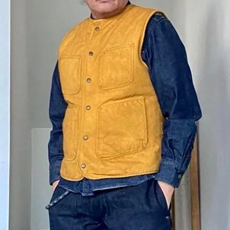 BZEN M.3203RR SILAS-SC REGULAR FIT 4 POCKET ROUND NECK VEGGIE DYED CANVAS VEST WITH SHERPA LINING-12.5OZ-E0 SIENNA