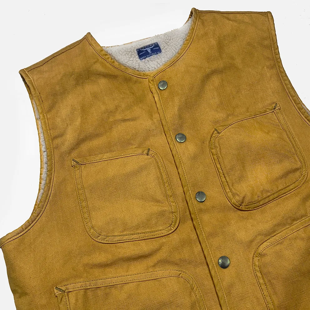 BZEN M.3203RR SILAS-SC REGULAR FIT 4 POCKET ROUND NECK VEGGIE DYED CANVAS VEST WITH SHERPA LINING-12.5OZ-E0 SIENNA