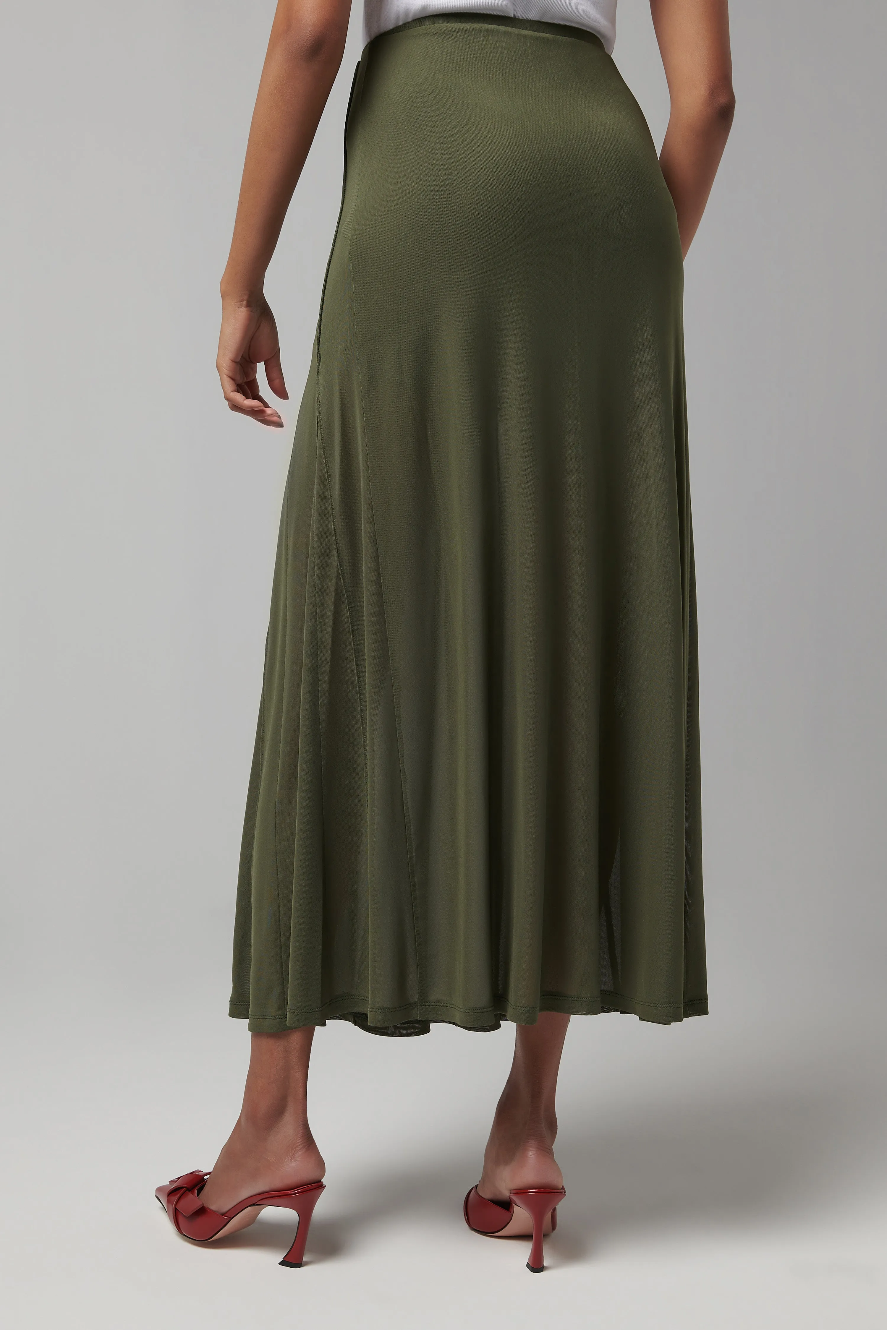 Green Pleated Mesh Midi Skirt