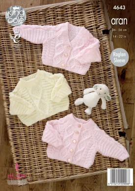 King Cole 4643 Aran Baby Knitting Pattern - Cardigans & Sweater (14 - 22in)