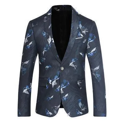 Men's Blazer One Button Blazer Blue Flowers