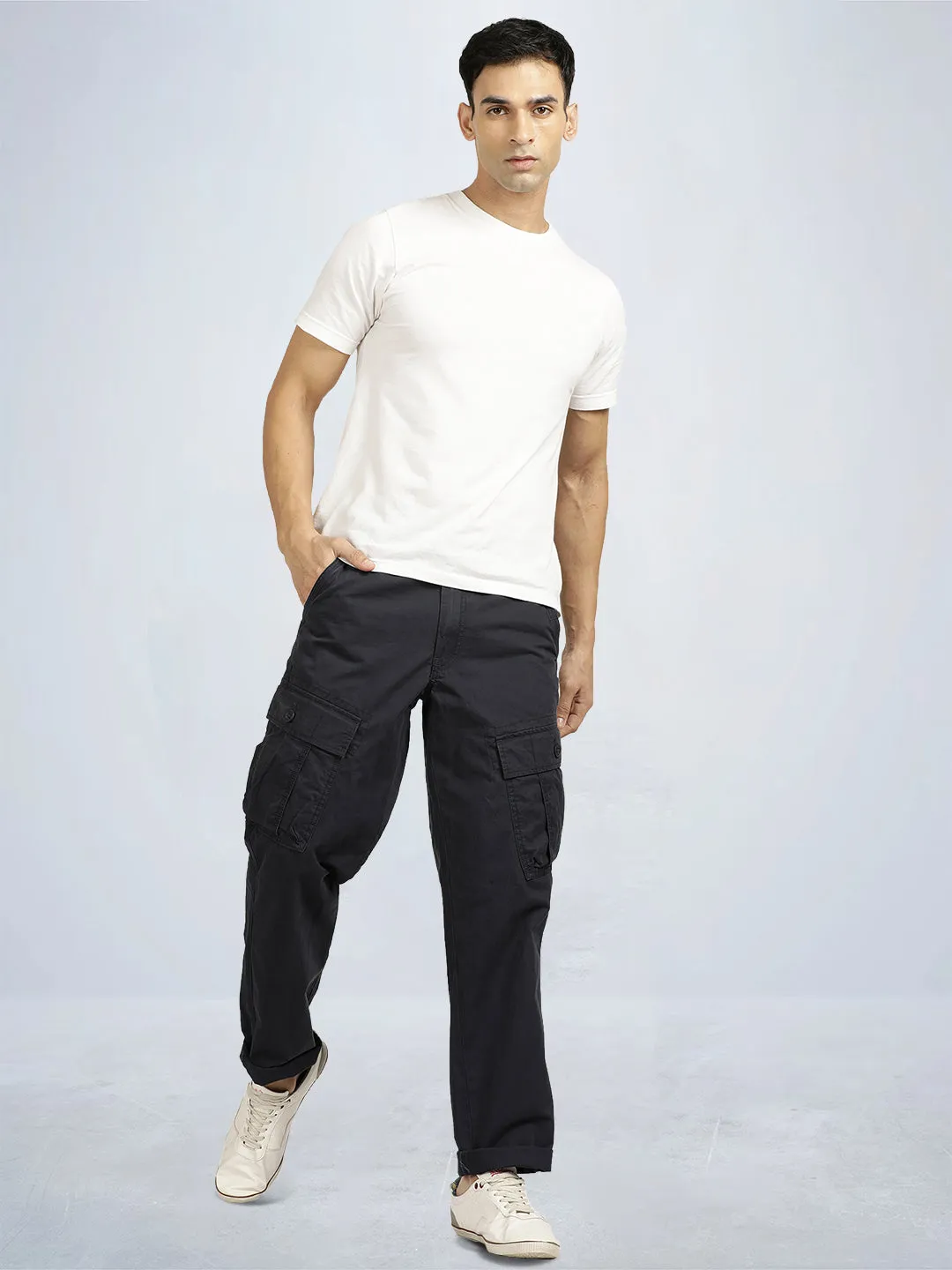 Navy Camo Printed Cargo Pants