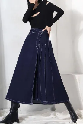 Pleated Cropped Denim Skirt