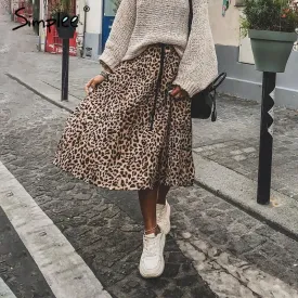 Simplee Vintage leopard print pleated skirts women