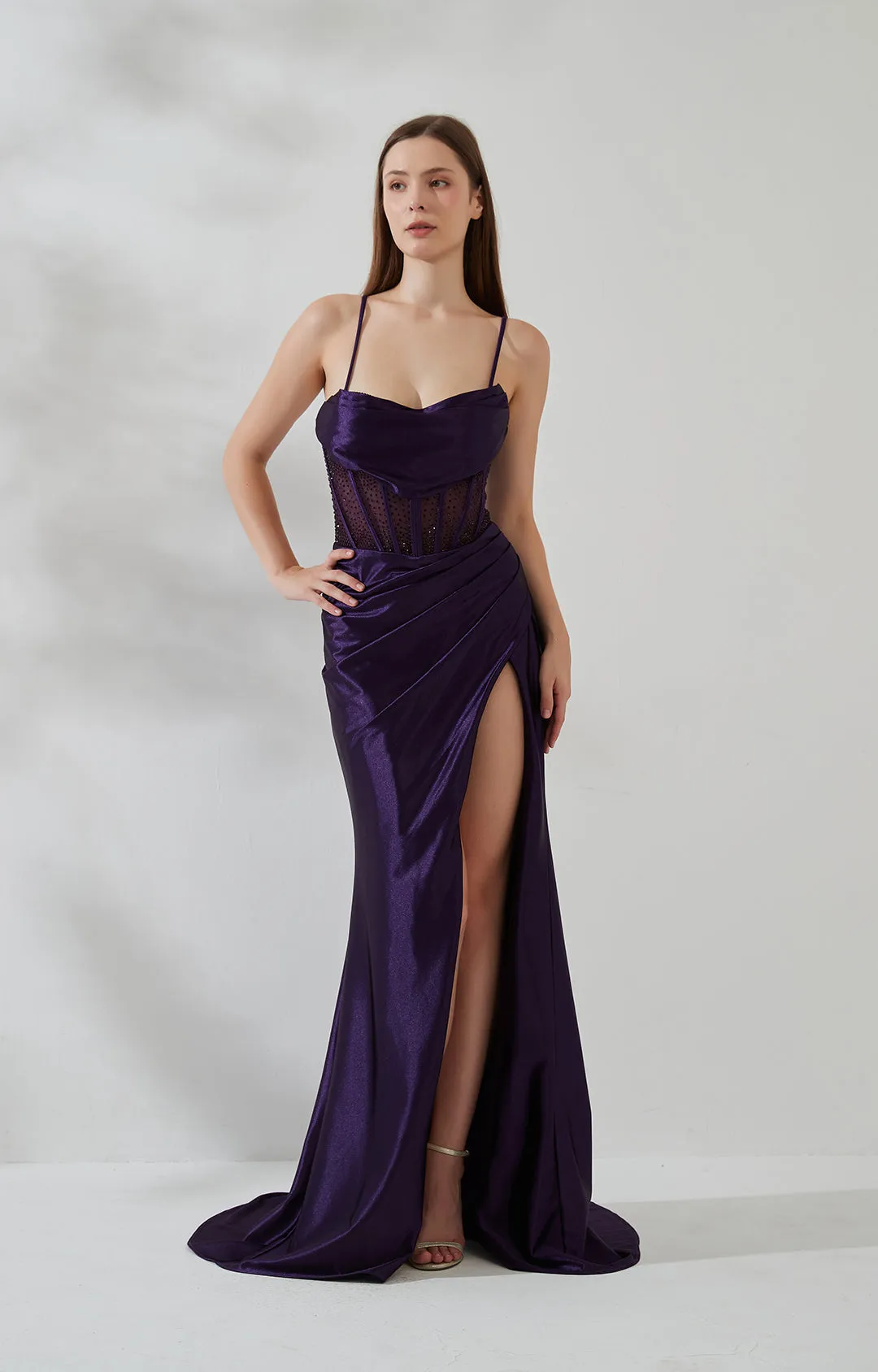 Spaghetti Strap Cowl Neck Pleated Sheer Boned Split Dress