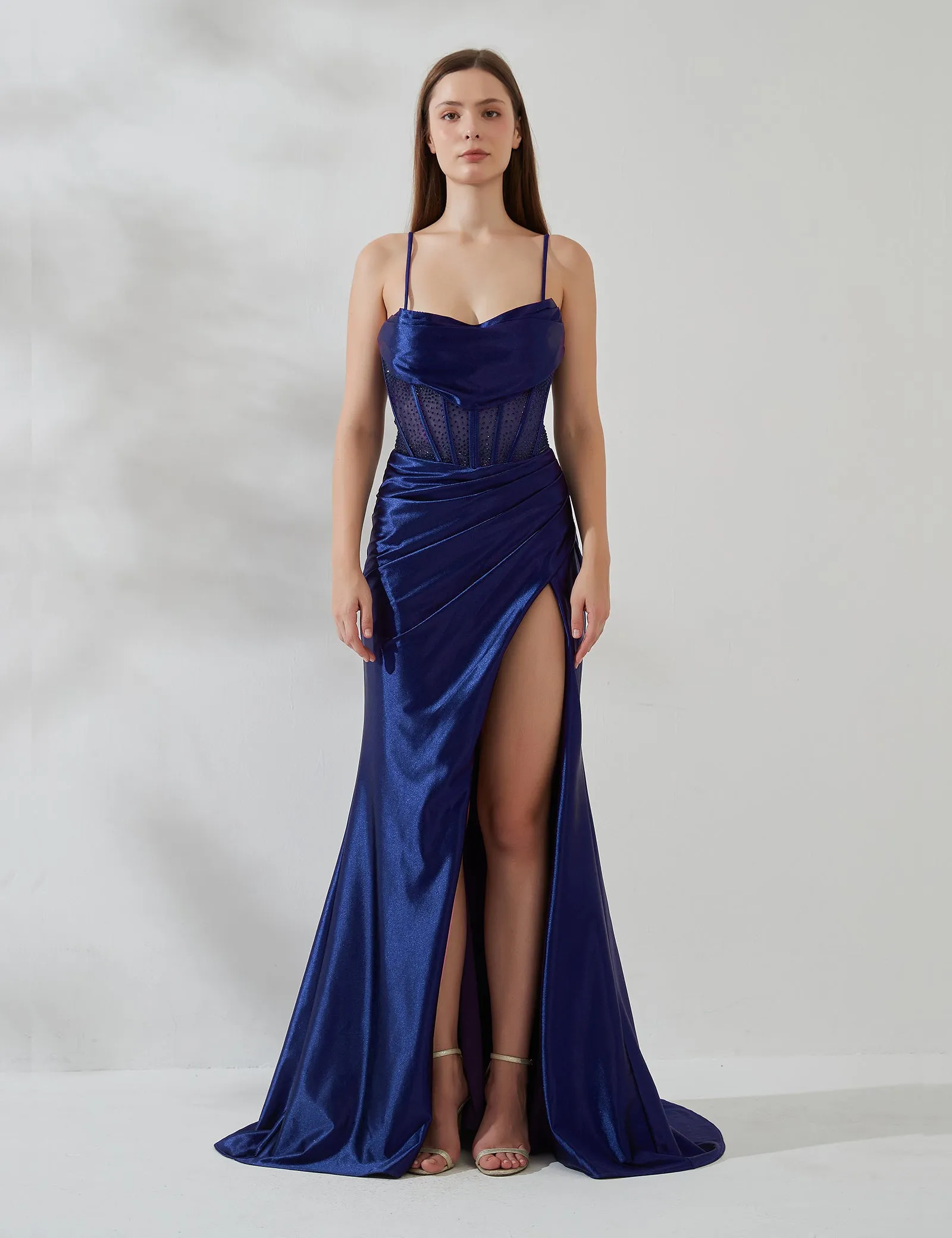 Spaghetti Strap Cowl Neck Pleated Sheer Boned Split Dress