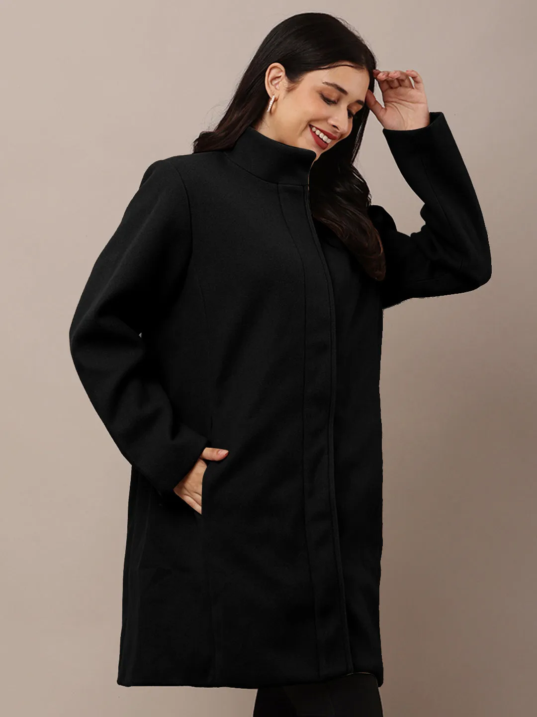 Women Black Polyester High-Neck Stylish Trench Coat