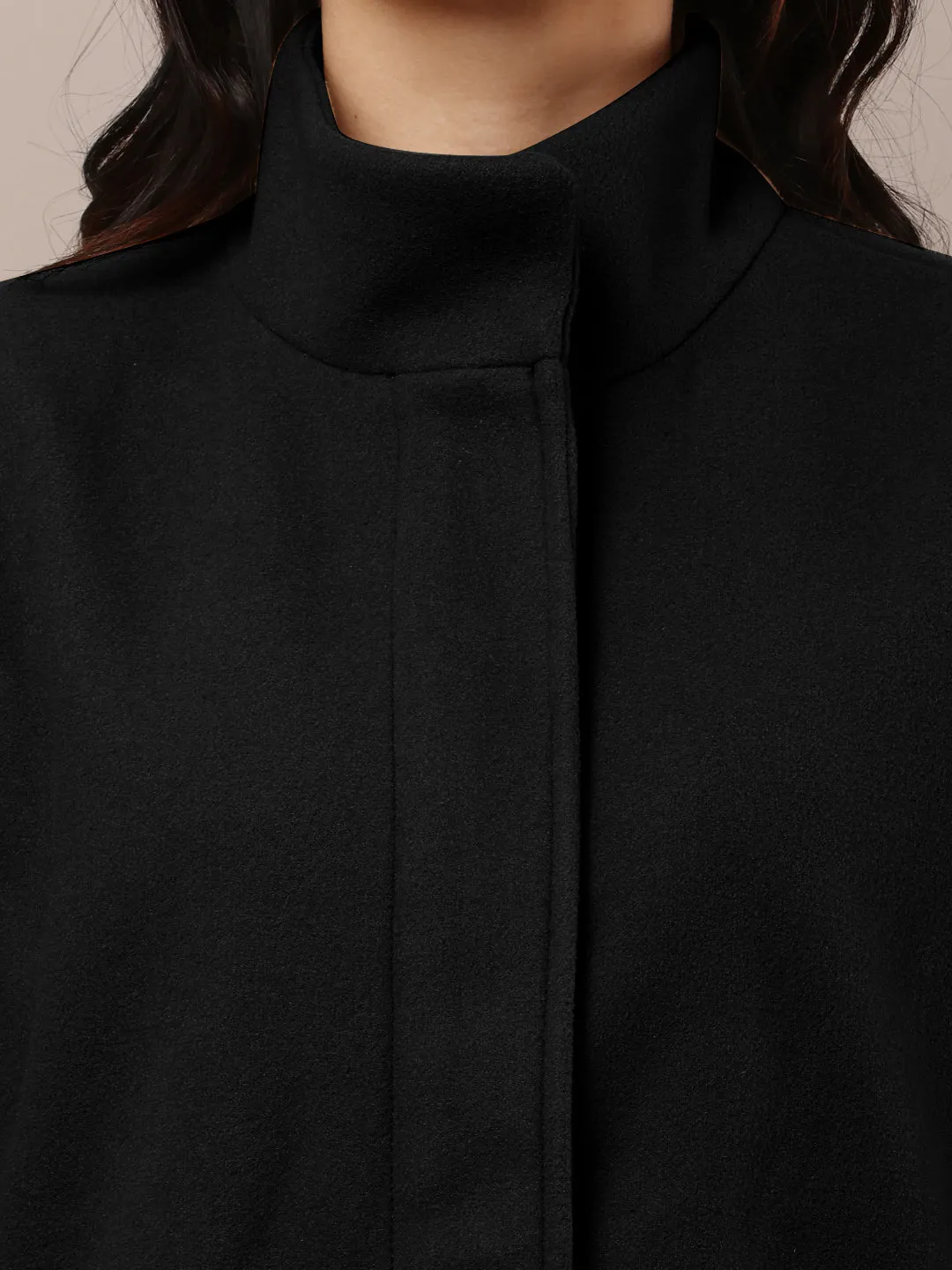 Women Black Polyester High-Neck Stylish Trench Coat