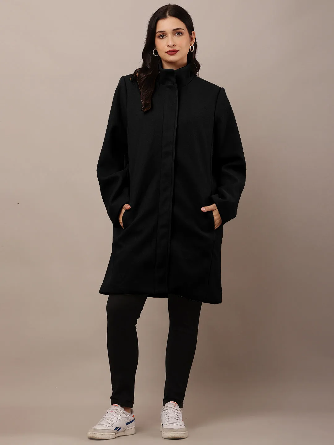 Women Black Polyester High-Neck Stylish Trench Coat