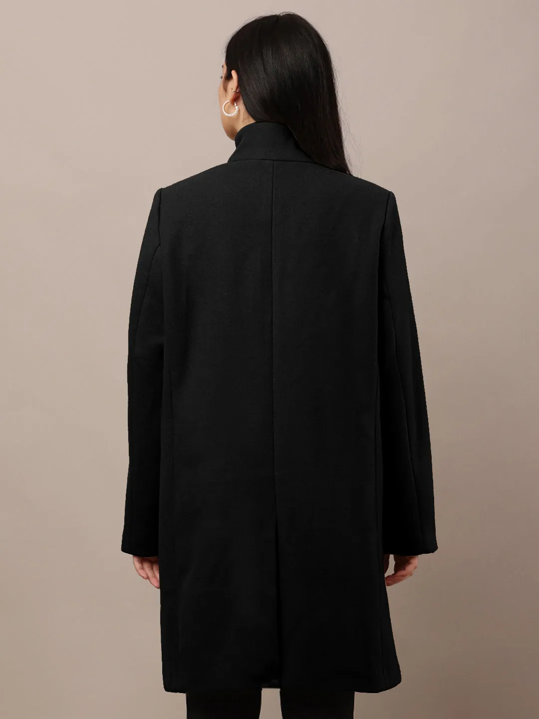 Women Black Polyester High-Neck Stylish Trench Coat
